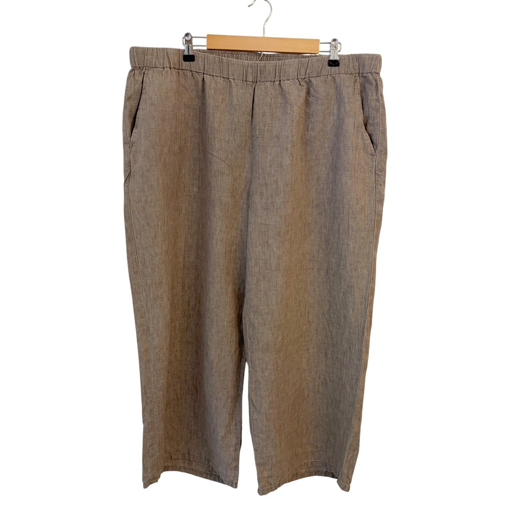 Eileen Fisher Organic Linen Wide Leg Pants 1X Lagenlook Cropped Pull On Tan